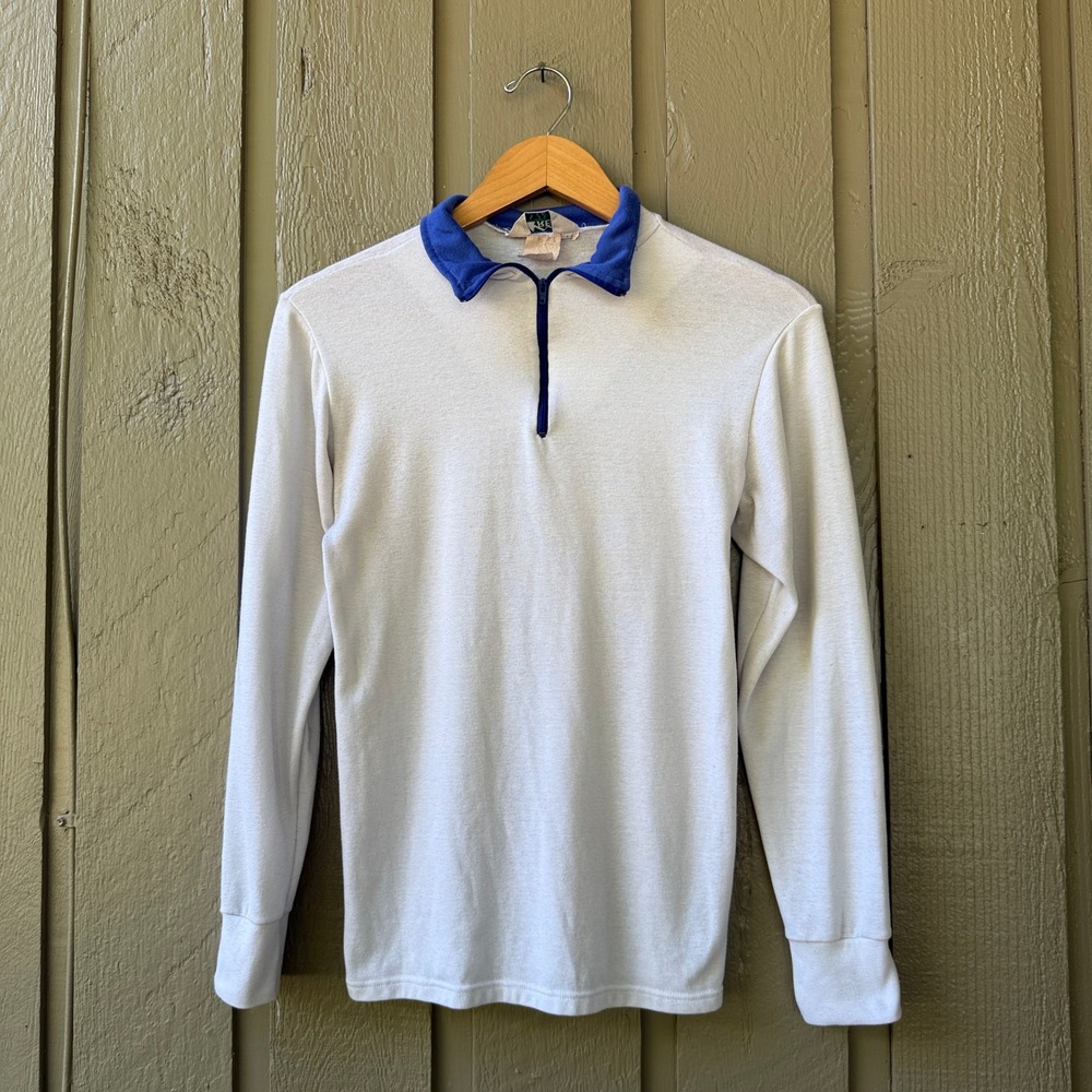 VTG REI Vintage 1/4 Zip Pullover Shirt Small White Blue Base Layer Long Sleeve